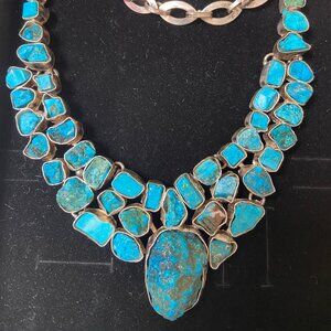 Sterling & Raw unpolished turquoise collar necklace, adjustable length Southwest